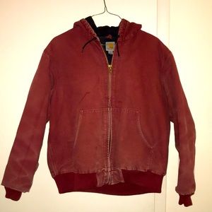 Red Carhartt work jacket.